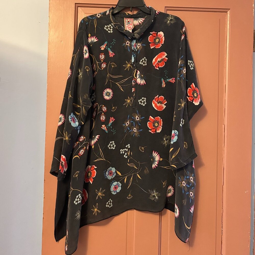 JOHNNY WAS Black Silk Crepe de Chine Floral Tunic Size 2X